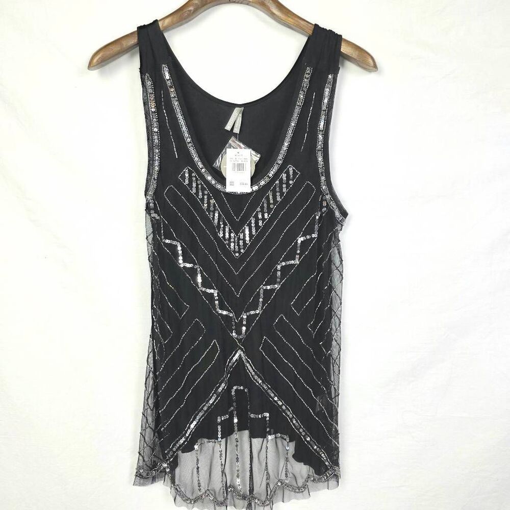 Vanity Black Sequin Mesh Tank Top XL Art Deco Sheer
